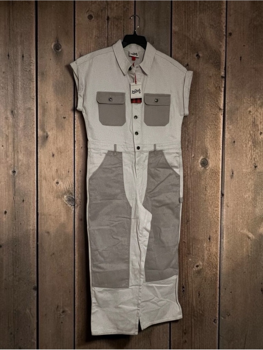 Wrangler Two-Tone Short Sleeve Jumpsuit in Cream and Tan